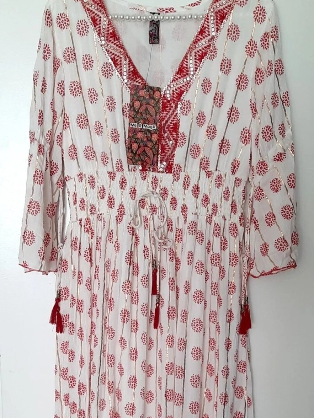 Me 2 Magic Tassels Sequin Gold Stripe Red Floral Print Boho Maxi Tiered Dress L